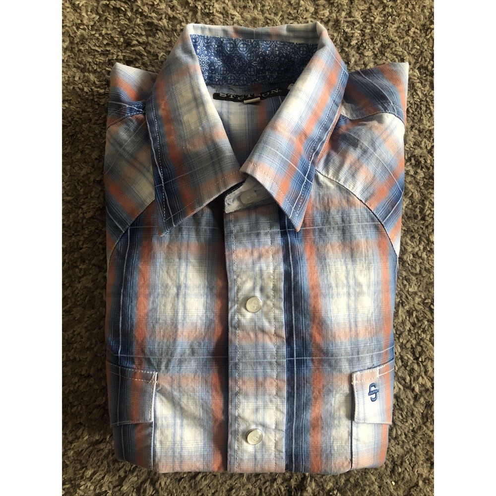 Stetson Western Pearl Snap Plaid Shirt Mens Large Blue Short Sleeve Cowboy Ranch